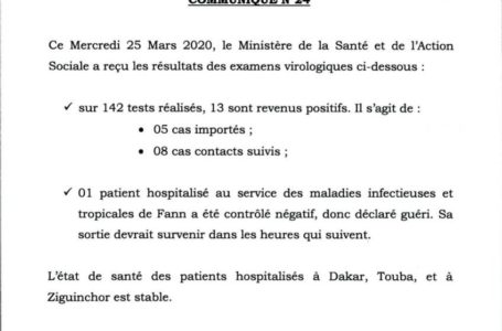 Situation Coronavirus au Sénégal du 25mars : 13 nouveaux cas positifs
